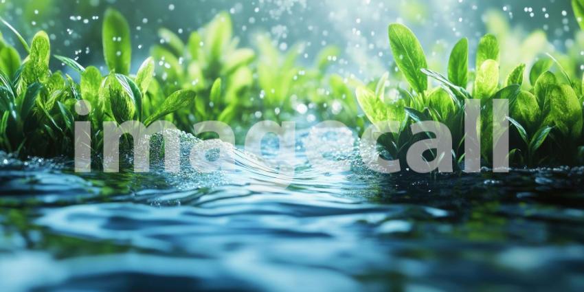 A crystal-clear stream, flanked by lush greenery, gently flows over smooth stones, creating a tranquil and inviting scene