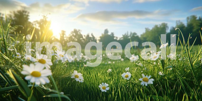 A vibrant field of daisies stretches towards a horizon bathed in the golden light of sunset, creating a scene of idyllic beauty and endless possibilities
