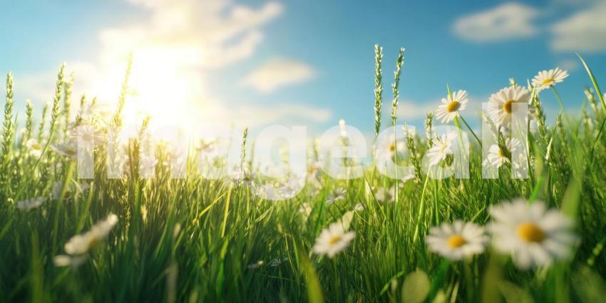 A vibrant field of daisies stretches towards a horizon bathed in the golden light of sunset, creating a scene of idyllic beauty and endless possibilities