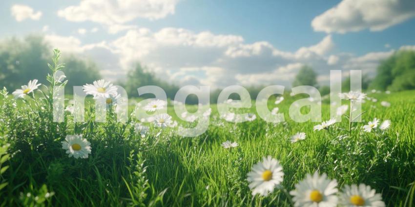 A vibrant field of daisies stretches towards a horizon bathed in the golden light of sunset, creating a scene of idyllic beauty and endless possibilities