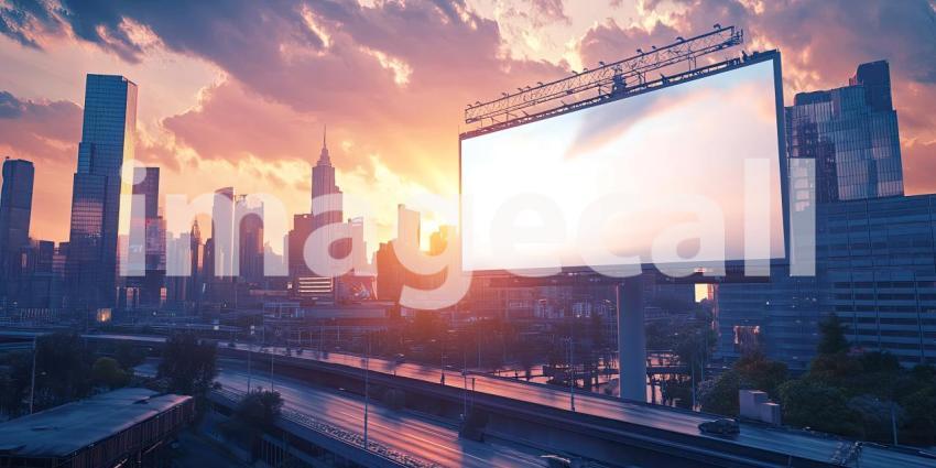 A large billboard stands tall against a vibrant sunset sky, its blank surface a canvas for creativity and limitless possibilities