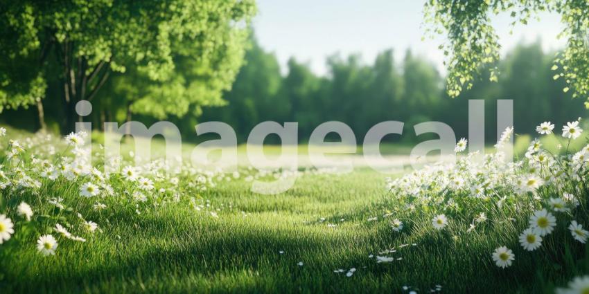 A vibrant field of daisies stretches towards a horizon bathed in the golden light of sunset, creating a scene of idyllic beauty and endless possibilities