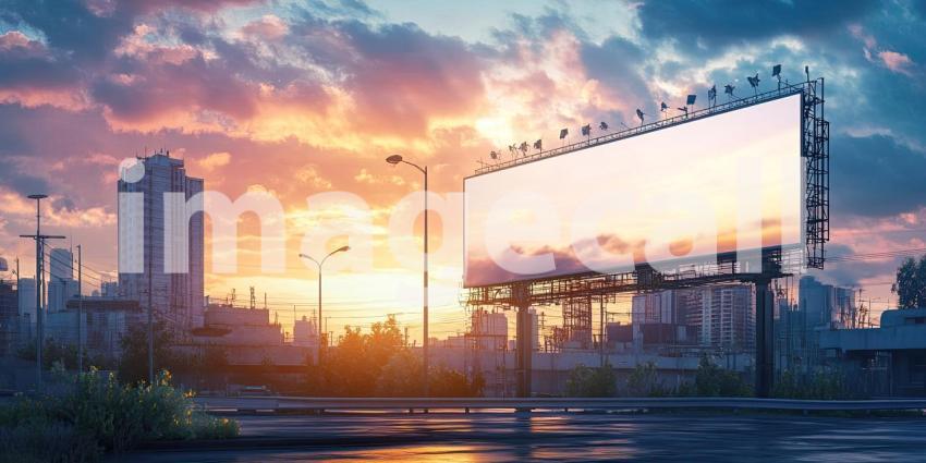 A large billboard stands tall against a vibrant sunset sky, its blank surface a canvas for creativity and limitless possibilities