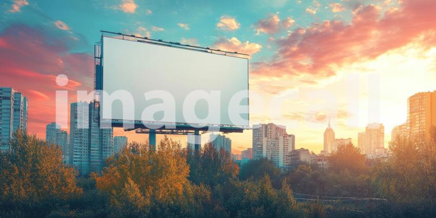 A large billboard stands tall against a vibrant sunset sky, its blank surface a canvas for creativity and limitless possibilities