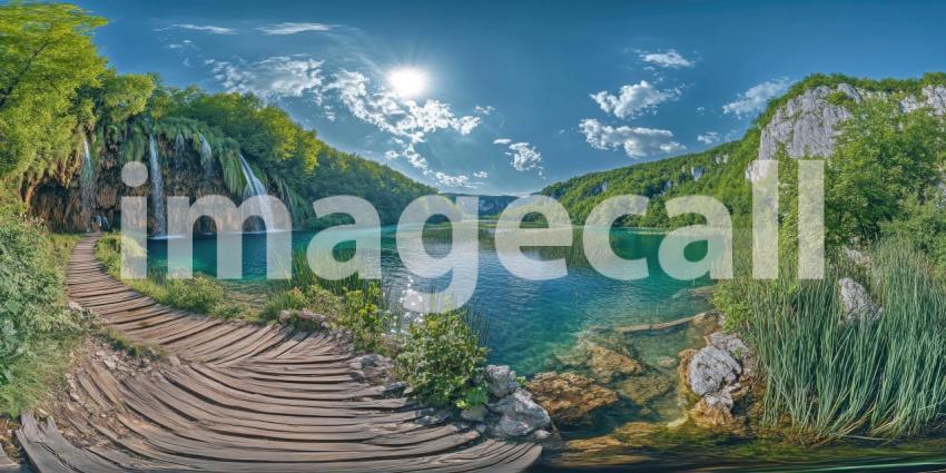 Immerse yourself in the breathtaking beauty of Plitvice Lakes National Park with this immersive 360 view. Crystal-clear turquoise waters cascade through lush forests