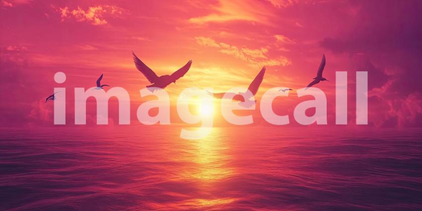 A Fiery Farewell: Silhouetted against a fiery sunset, a flock of birds takes flight, their wings spread wide as they soar into the vibrant sky, creating a scene of freedom and boundless possibility