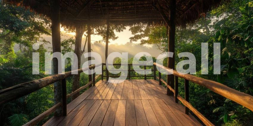 A wooden observation tower rises above a vast expanse of lush rainforest, offering a breathtaking vantage point to witness the majesty of the jungle at dawn