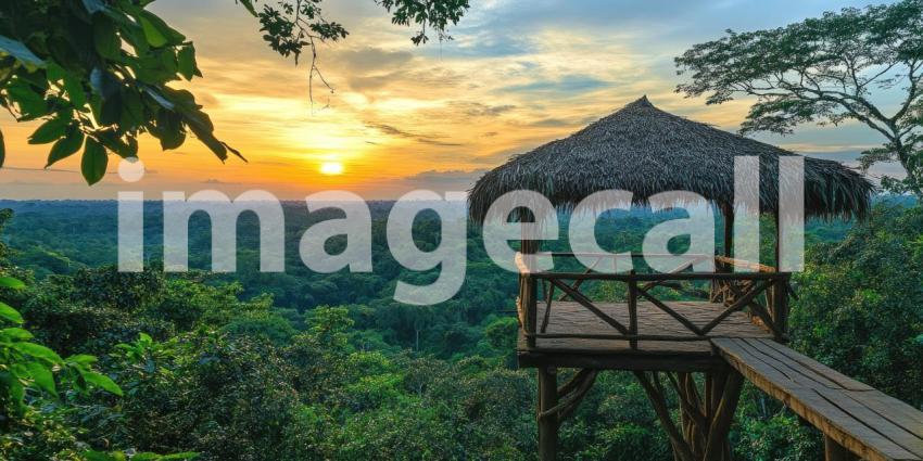 A wooden observation tower rises above a vast expanse of lush rainforest, offering a breathtaking vantage point to witness the majesty of the jungle at dawn