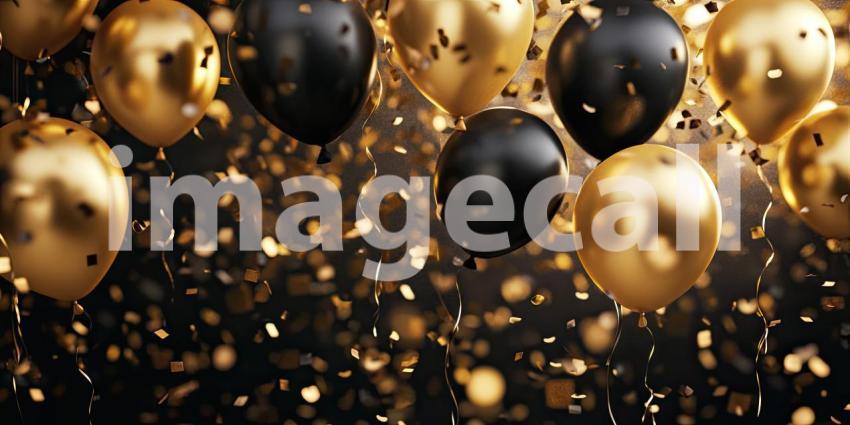 A cluster of elegant black and gold balloons floats amidst a shower of confetti, creating a scene of festive glamour and sophistication