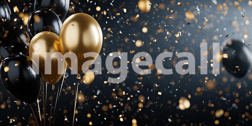 A cluster of elegant black and gold balloons floats amidst a shower of confetti, creating a scene of festive glamour and sophistication