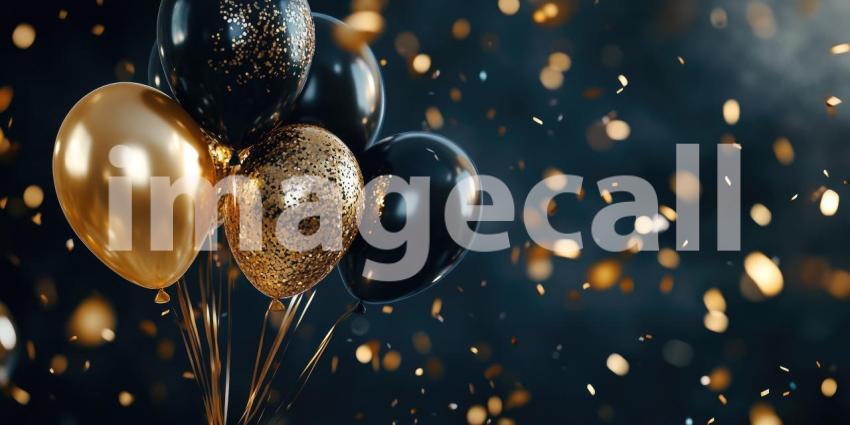 A cluster of elegant black and gold balloons floats amidst a shower of confetti, creating a scene of festive glamour and sophistication