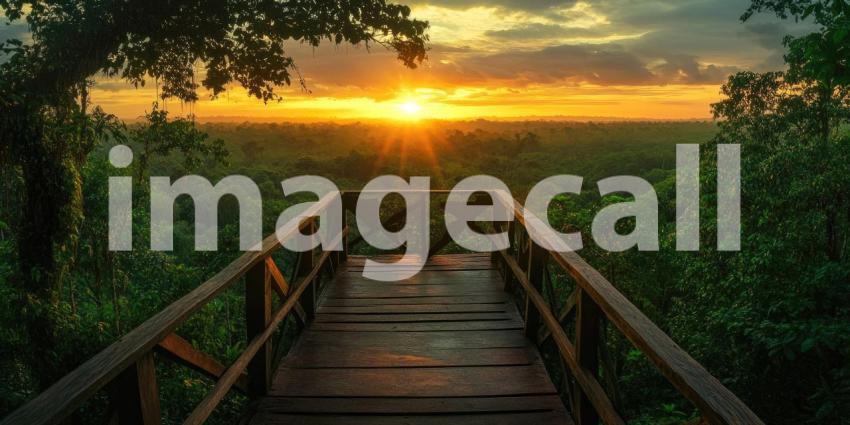 A wooden observation tower rises above a vast expanse of lush rainforest, offering a breathtaking vantage point to witness the majesty of the jungle at dawn