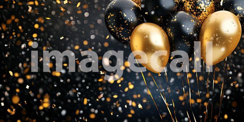 A cluster of elegant black and gold balloons floats amidst a shower of confetti, creating a scene of festive glamour and sophistication