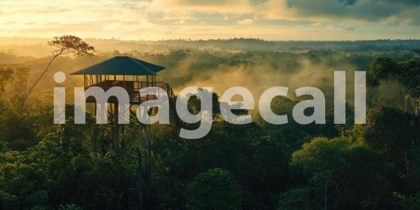 A wooden observation tower rises above a vast expanse of lush rainforest, offering a breathtaking vantage point to witness the majesty of the jungle at dawn
