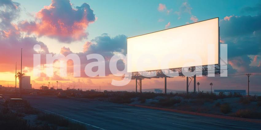 A large, blank billboard stands tall against a breathtaking sunset, its vast surface a canvas for imagination and the possibilities of visual storytelling