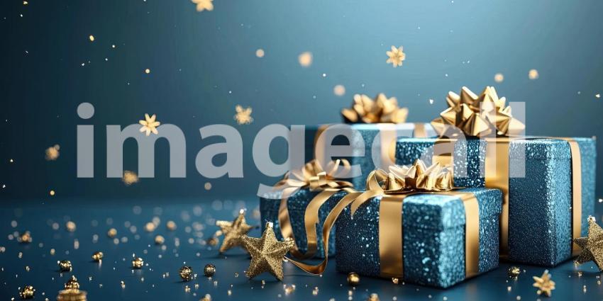 A trio of elegantly wrapped gifts, adorned with shimmering gold ribbons, sit nestled amidst a starry night sky, promising joy and wonder