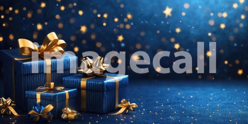 A trio of elegantly wrapped gifts, adorned with shimmering gold ribbons, sit nestled amidst a starry night sky, promising joy and wonder