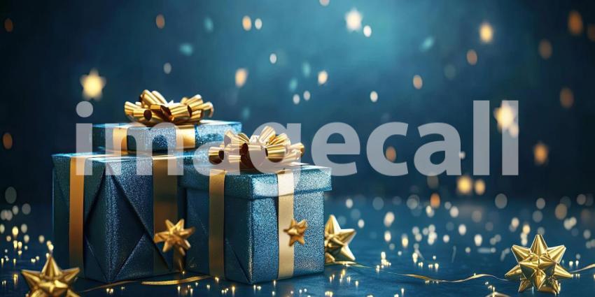 A trio of elegantly wrapped gifts, adorned with shimmering gold ribbons, sit nestled amidst a starry night sky, promising joy and wonder