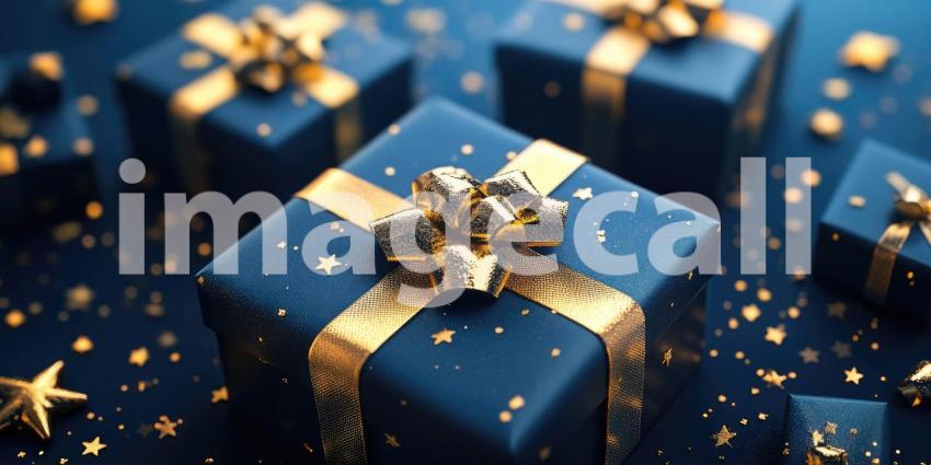 A trio of elegantly wrapped gifts, adorned with shimmering gold ribbons, sit nestled amidst a starry night sky, promising joy and wonder