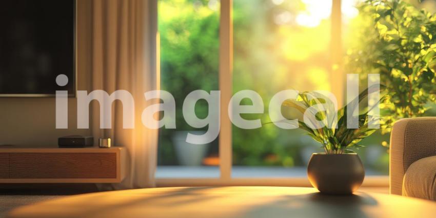 A warm ray of sunlight streams through a window, illuminating a cozy living room, where a potted plant sits on a coffee table, adding a touch of nature to the space