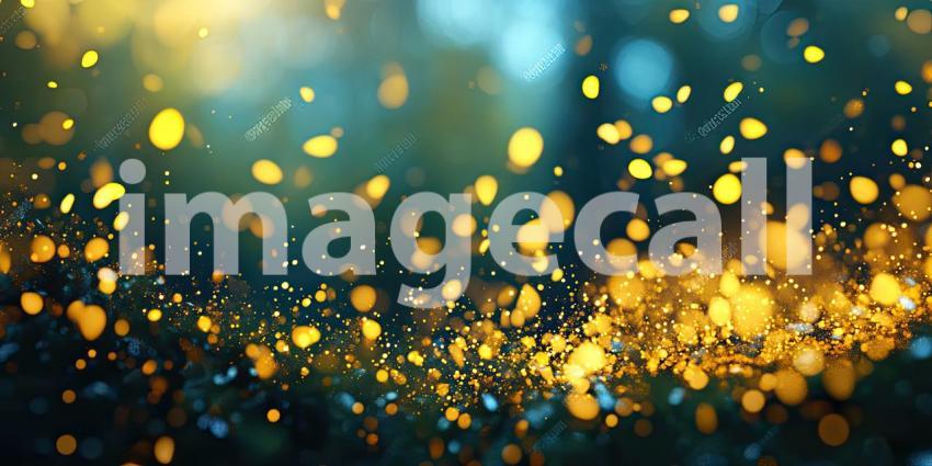 A mesmerizing display of shimmering golden particles dancing against a deep blue backdrop, creating a scene of ethereal beauty and wonder