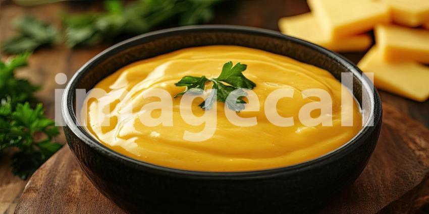 A bowl of smooth, golden cheese sauce, garnished with fresh parsley, beckons with its rich, indulgent aroma and promises pure cheesy satisfaction