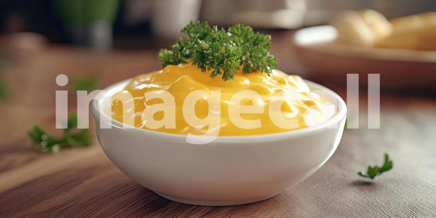 A bowl of smooth, golden cheese sauce, garnished with fresh parsley, beckons with its rich, indulgent aroma and promises pure cheesy satisfaction