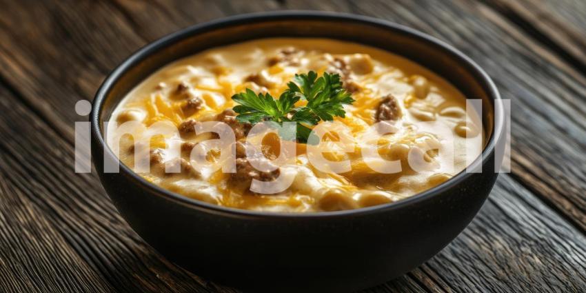 A bowl of smooth, golden cheese sauce, garnished with fresh parsley, beckons with its rich, indulgent aroma and promises pure cheesy satisfaction