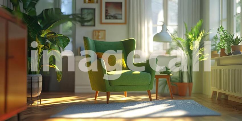 A plush green armchair, bathed in warm sunlight, invites you to curl up with a good book in this inviting and cozy living space, surrounded by lush greenery and natural light