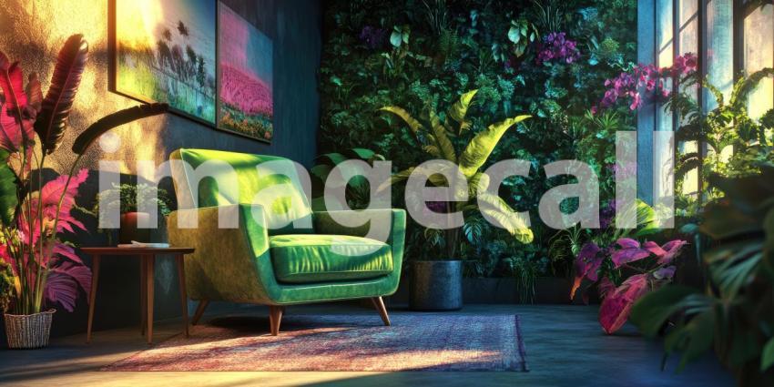 A plush green armchair, bathed in warm sunlight, invites you to curl up with a good book in this inviting and cozy living space, surrounded by lush greenery and natural light