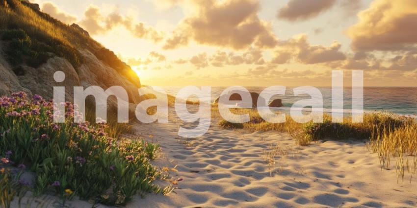 A sun-drenched landscape unfolds with rugged mountains framing a vast desert plain, where a dirt road winds its way towards a distant horizon, promising adventure and discovery