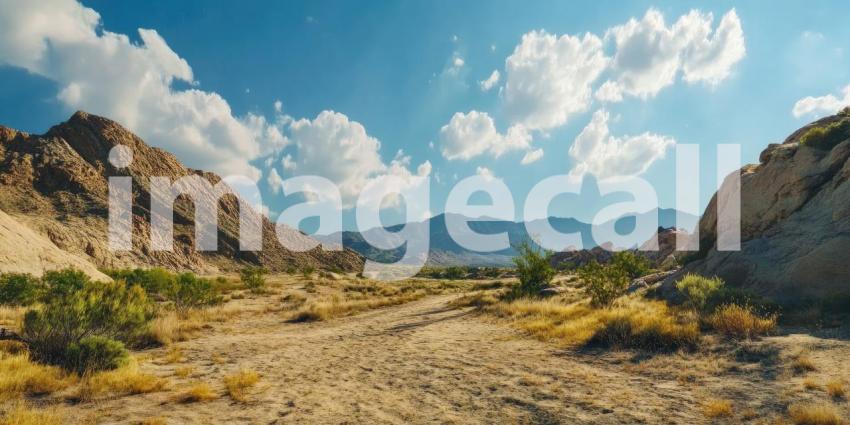 A sun-drenched landscape unfolds with rugged mountains framing a vast desert plain, where a dirt road winds its way towards a distant horizon, promising adventure and discovery