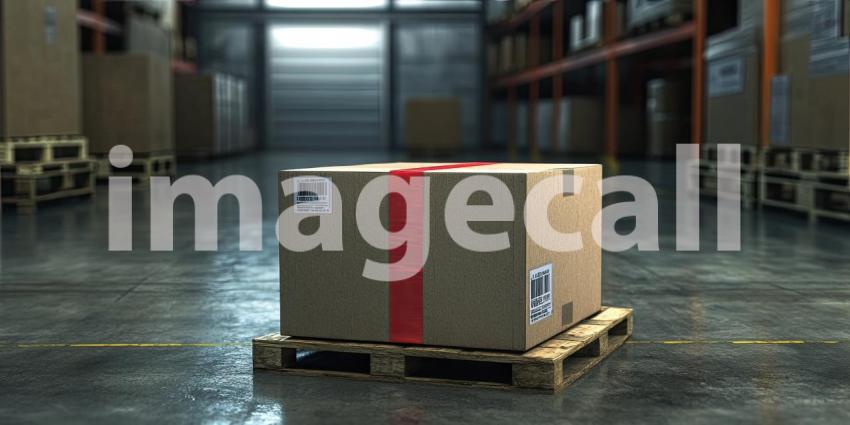 A sturdy cardboard box, secured with red tape and a barcode, rests on a wooden pallet, ready to embark on its journey through the global supply chain