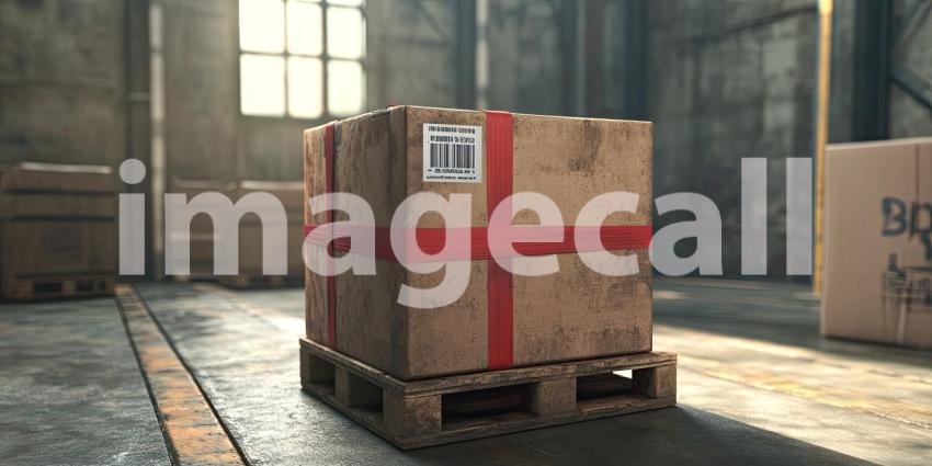 A sturdy cardboard box, secured with red tape and a barcode, rests on a wooden pallet, ready to embark on its journey through the global supply chain