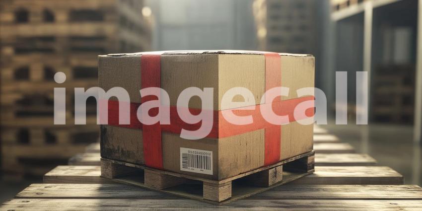 A sturdy cardboard box, secured with red tape and a barcode, rests on a wooden pallet, ready to embark on its journey through the global supply chain