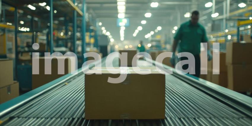 A dynamic scene of a bustling warehouse, where packages glide along a conveyor belt, showcasing the efficiency and precision of modern logistics