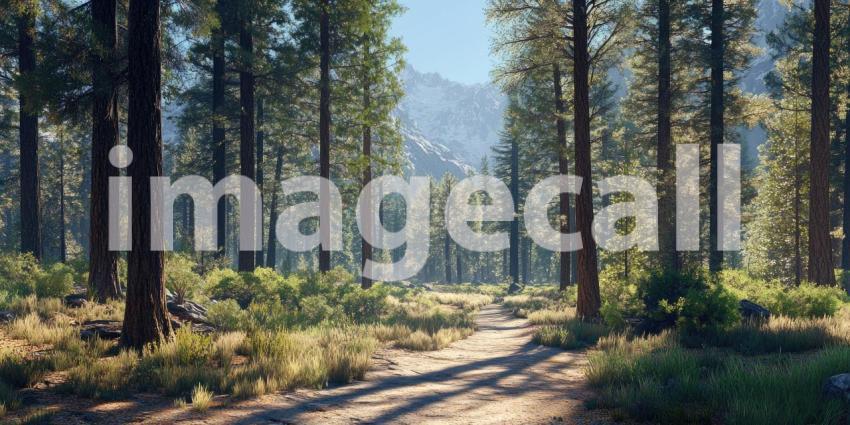 A sun-drenched landscape unfolds with rugged mountains framing a vast desert plain, where a dirt road winds its way towards a distant horizon, promising adventure and discovery