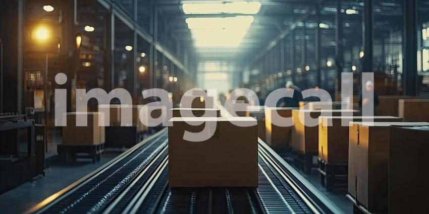 A dynamic scene of a bustling warehouse, where packages glide along a conveyor belt, showcasing the efficiency and precision of modern logistics