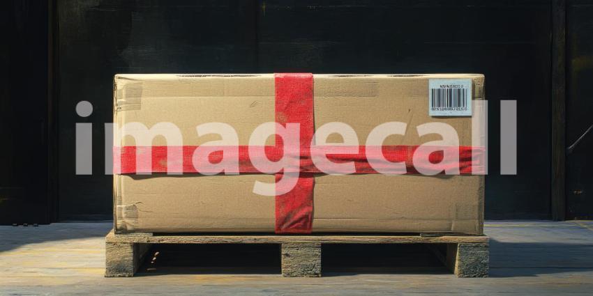 A sturdy cardboard box, secured with red tape and a barcode, rests on a wooden pallet, ready to embark on its journey through the global supply chain