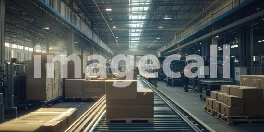 A dynamic scene of a bustling warehouse, where packages glide along a conveyor belt, showcasing the efficiency and precision of modern logistics