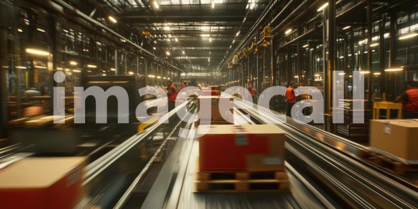 A dynamic scene of a bustling warehouse, where packages glide along a conveyor belt, showcasing the efficiency and precision of modern logistics