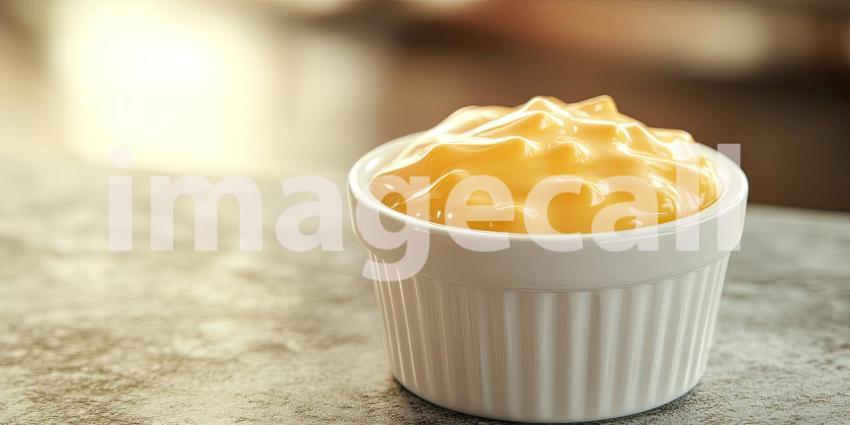 A bowl of smooth, golden cheese sauce, ready to be savored, evokes a sense of pure comfort and cheesy goodness