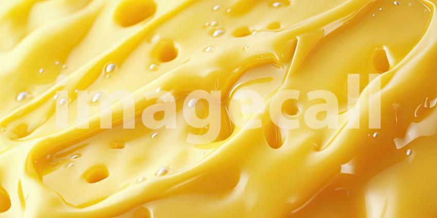 A close-up of a rich and creamy cheese, its surface glistening with a golden hue and dotted with tiny air bubbles, inviting you to savor its decadent texture and flavor
