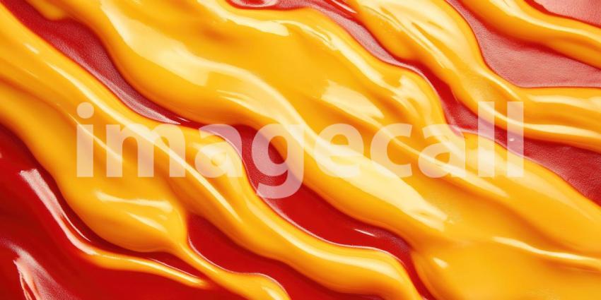 A vibrant abstract art piece created by the playful interplay of ketchup and mustard, showcasing their contrasting colors and textures