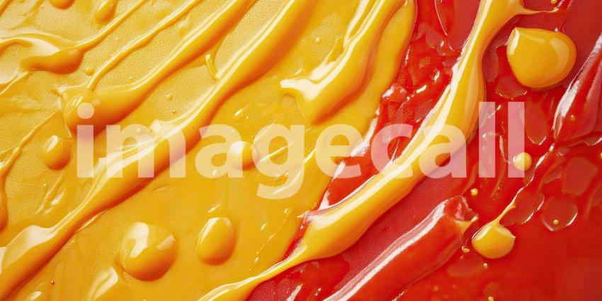A vibrant abstract art piece created by the playful interplay of ketchup and mustard, showcasing their contrasting colors and textures