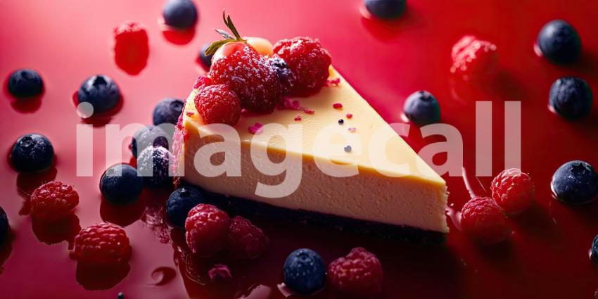 A slice of creamy cheesecake, adorned with a vibrant assortment of fresh raspberries and blueberries, sits atop a bed of glistening red sauce, creating a visual masterpiece of sweet indulgence