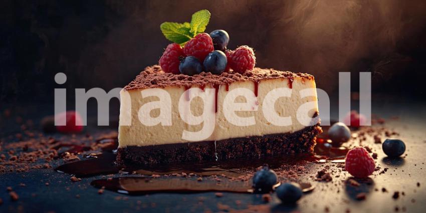 A slice of creamy cheesecake, adorned with a vibrant assortment of fresh raspberries and blueberries, sits atop a bed of glistening red sauce, creating a visual masterpiece of sweet indulgence