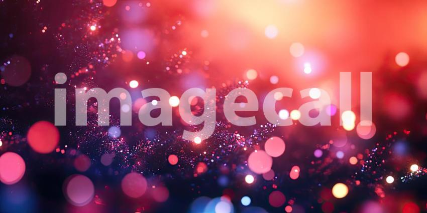 A sprig of pine, dusted with glitter, shimmers against a backdrop of warm red bokeh, evoking the magic and warmth of the holiday season