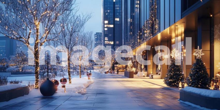 A cozy cabin, adorned with twinkling lights, sits nestled amidst a snow-covered forest, with a beautifully decorated Christmas tree adding a festive touch to the enchanting scene