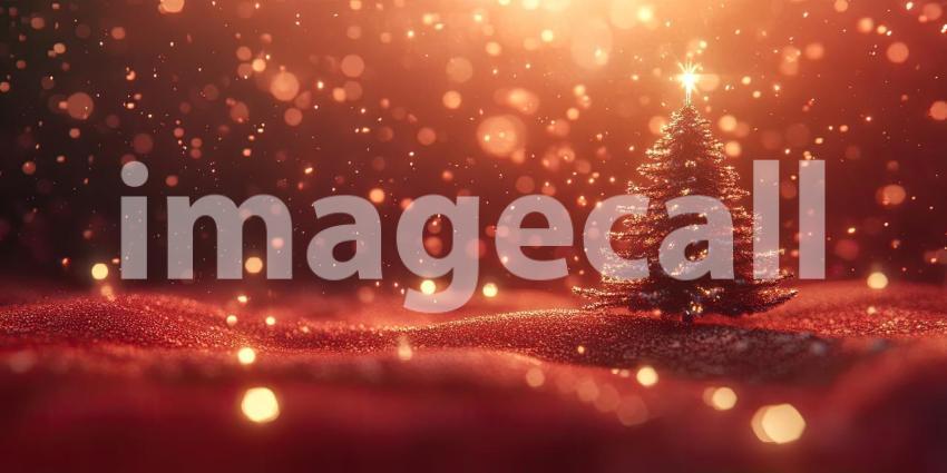 A sprig of pine, dusted with glitter, shimmers against a backdrop of warm red bokeh, evoking the magic and warmth of the holiday season